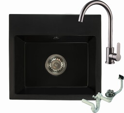 Zlewozmywak granitowy DON czarny mat z baterią inox