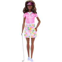 Barbie Golfistka Lalka brunetka w zdejmowanej różowej sukience