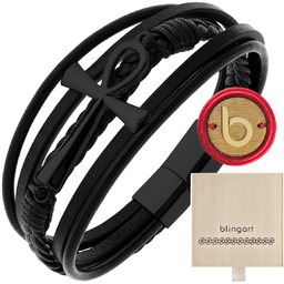 Bransoletka męska SKÓRZANA pleciona KRZYŻ EGIPSKI