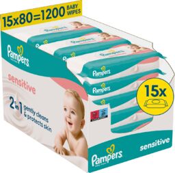 Pampers Sensitive, chusteczki nawilżane, 15 x 80 sztuk