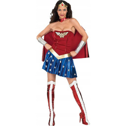 KOSTIUM WONDER WOMAN DOROSŁY SUKIENKA PELERYNA RĘKAWICZKI HALLOWEEN