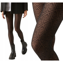 CALZEDONIA rajstopy z kaszmirem M/L czarne ażurowe romby