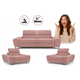 Zestaw wypoczynkowy sofa 2 fotele różowy welur salonu