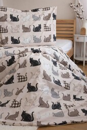 Jerry Fabrics Pościel bawełniana 220x200 Koty beżowa czarna