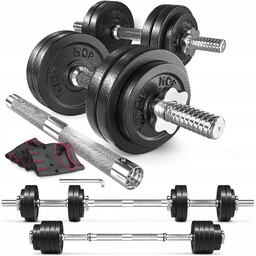 Hantle żeliwne 2x15kg zestaw z przedłużanym gryfem ryflowanym