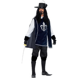 Musketeer Male Costume, with Top, Hat, Navy, Gloves,