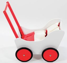 Biało-czerwony wózek z drewna dla lalki - zabawki