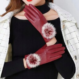 bordowe damskie RĘKAWICZKI skórzane z puszkiem ciepłe