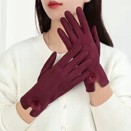 bordowe damskie RĘKAWICZKI zamszowe z puszkiem stylowe dodatki