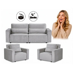 Zestaw wypoczynkowy kanapa sofa rozkładana 2 fotele pudrowy