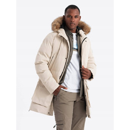 Ocieplana długa męska kurtka parka kremowa V1 OM-JALJ-0184