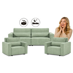 Zestaw wypoczynkowy kanapa sofa rozkładana 2 fotele pudrowy
