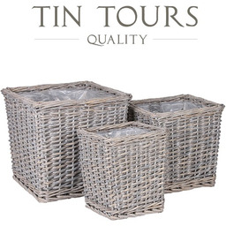 KOMPLET 3 SZARYCH KWADRATOWYCH KOSZY WIKLINOWYCH Z FOLIĄ