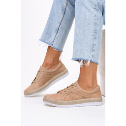 Beżowe półbuty espadryle ażurowe sznurowane POLSKA SKÓRA Casu