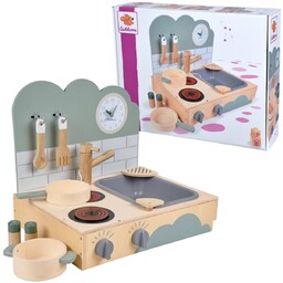 Zabawkowa drewniana kompaktowa przenośna kuchnia z akcesoriami
