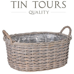 SZARY OWALNY KOSZ WIKLINOWY Z UCHWYTAMI 40x30x16/22 cm