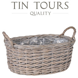 SZARY OWALNY KOSZ WIKLINOWY Z UCHWYTAMI 34x24x14/20 cm