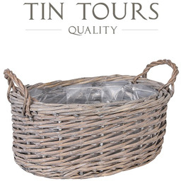 SZARY OWALNY KOSZ WIKLINOWY Z UCHWYTAMI 28x20x12/17 cm