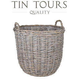 SZARY OKRĄGŁY KOSZ WIKLINOWY Z UCHWYTAMI 53x53x50/58 cm