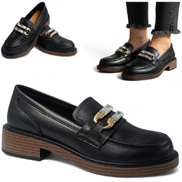 Mokasyny Damskie SKÓRZANE Eleganckie Wsuwane Lordsy Jesień Czarne