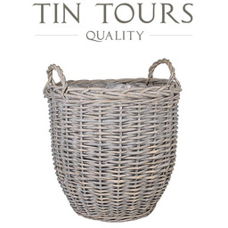 SZARY OKRĄGŁY KOSZ WIKLINOWY Z UCHWYTAMI 45x45x46/53 cm