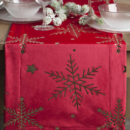 Bieżnik bożonarodzeniowy welwetowy czerwony zdobiony błyszczącym nadrukiem śnieżynek