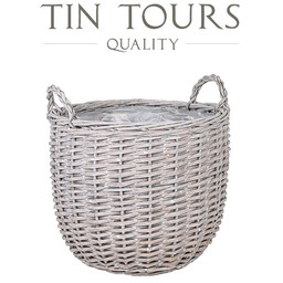 SZARY OKRĄGŁY KOSZ WIKLINOWY Z UCHWYTAMI 36x36x30/37 cm