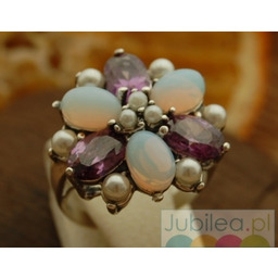 PAWIE OKO - srebrny pierścień perły ametysty opale