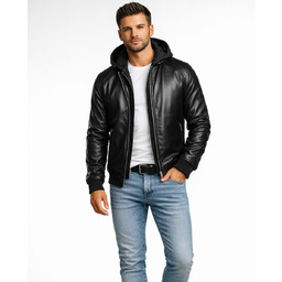 Kurtka męska skórzana czarna z podpinką i kapturem