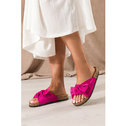 Fuksjowe Klapki Damskie Z Kokardą I Profilowaną Korkową