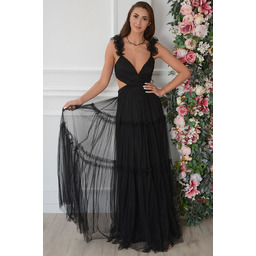 Sukienka maxi z tiulu wiązana z falbankami czarna