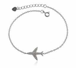 Delikatna rodowana srebrna bransoletka samolot białe cyrkonie srebro