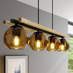 Lampa wisząca Lindby Enrique, bursztynowy, 4-punktowa, szkło, drewno,