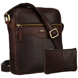 Skórzana, brązowa listonoszka męska z kieszonką - Peterson