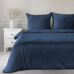 Pościel satynowa 220x200 Vera granatowa prążki adamaszkowa