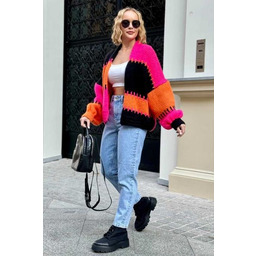 Krótki kardigan oversize - fuksja/pomarańczowy One size