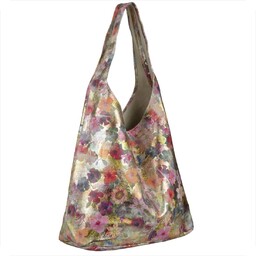 Torebka worek skórzana shopper złota w kwiaty