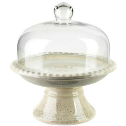 Patera z kloszem szklanym ceramiczna duża beżowa 31,5cm
