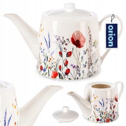 Dzbanek do Kawy Herbaty Porcelanowy Biały Nadruk Maki