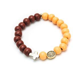 Brązowo żółta bransoletka, krzyżyk, różaniec na rękę, drewno,