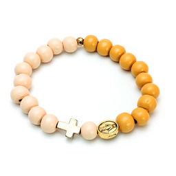 Beżowo żółta bransoletka z krzyżykiem, różaniec na rękę,