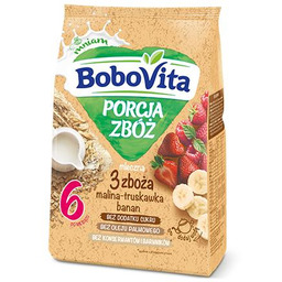 BoboVita Porcja zbóż Kaszka mleczna 3 zboża malina-truskawka-banan
