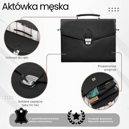 Męska aktówka ze skóry naturalnej czarna na dokumenty