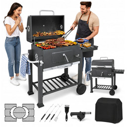 Grill Węglowy Ogrodowy Żeliwny Ruszt Pokrywa Popielnik Termometr