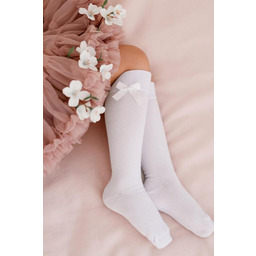 Podkolanówki dziecięce bawełniane gładkie z dużą białe kokardką