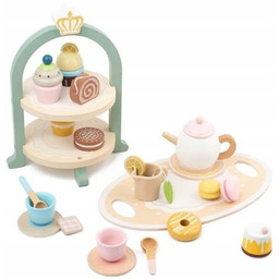 Duży drewniany zestaw herbaciany kawowy serwis cukiernia patera