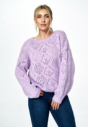 Ażurowy sweter damski oversize - fioletowy M887 rozmiar