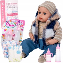 Lalka 45 cm zestaw butelki i pampersy