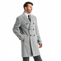 Elegancki dwurzędowy męski płaszcz w jodełkę szary V1
