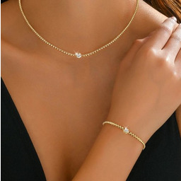 Elegancki damski komplet złoty z kryształkiem stal szlachetna